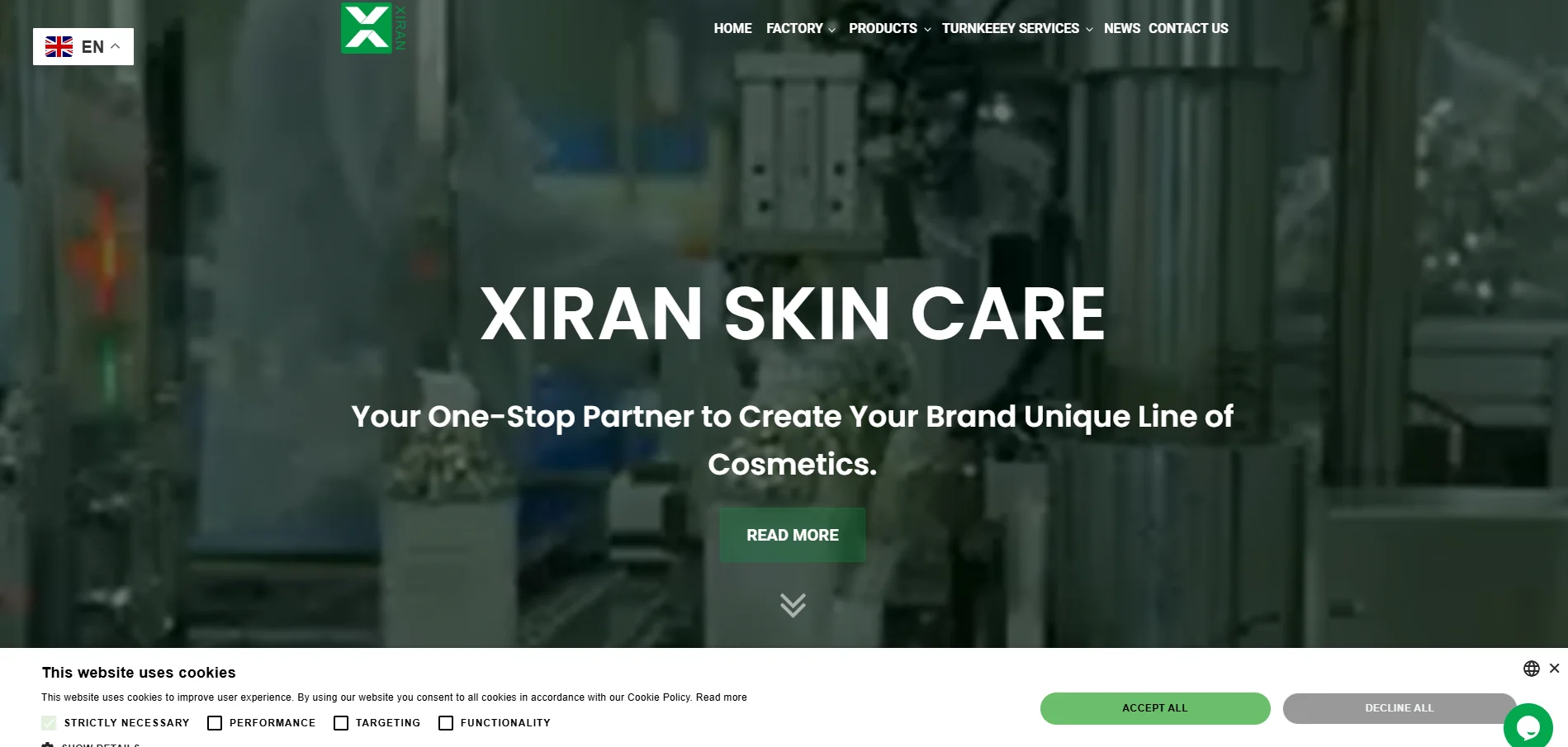 Xiran Skincare webpage displaying company logo, slogan 'Your One-Stop Partner to Create Your Brand Unique Line of Cosmetics', and cookie consent prompt.